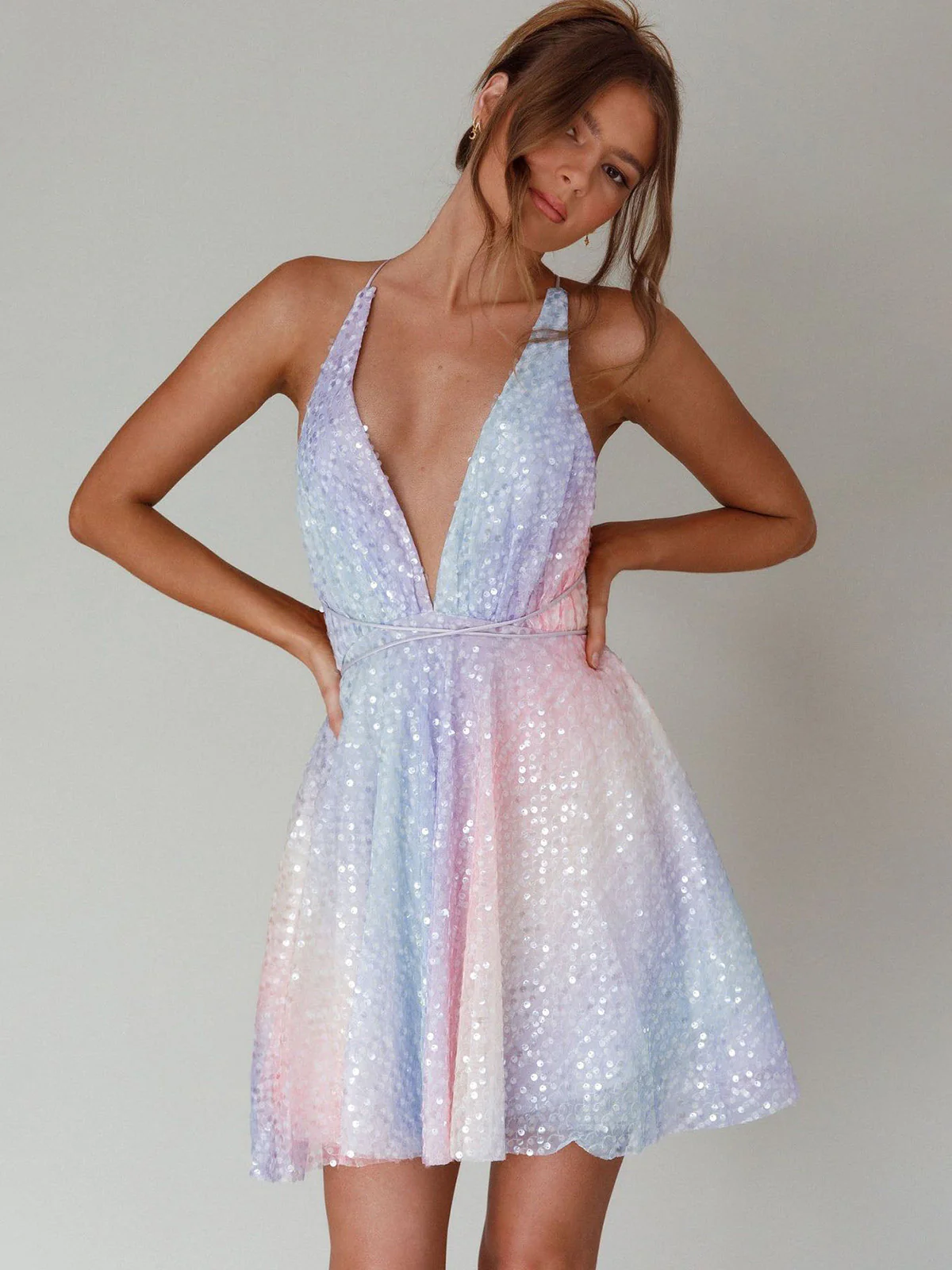 [Pre-Sale] Y2K Rainbow Sequins Deep V-Neck Backless Dress - Image 4