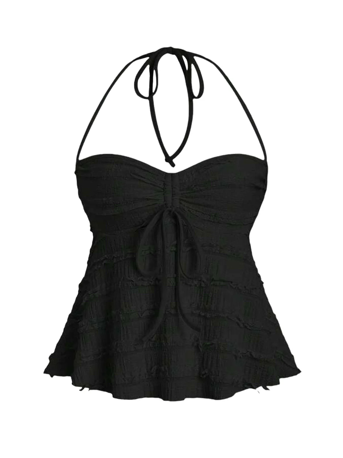 Y2K Solid Textured Halter Ruched Babydoll Top - Image 5
