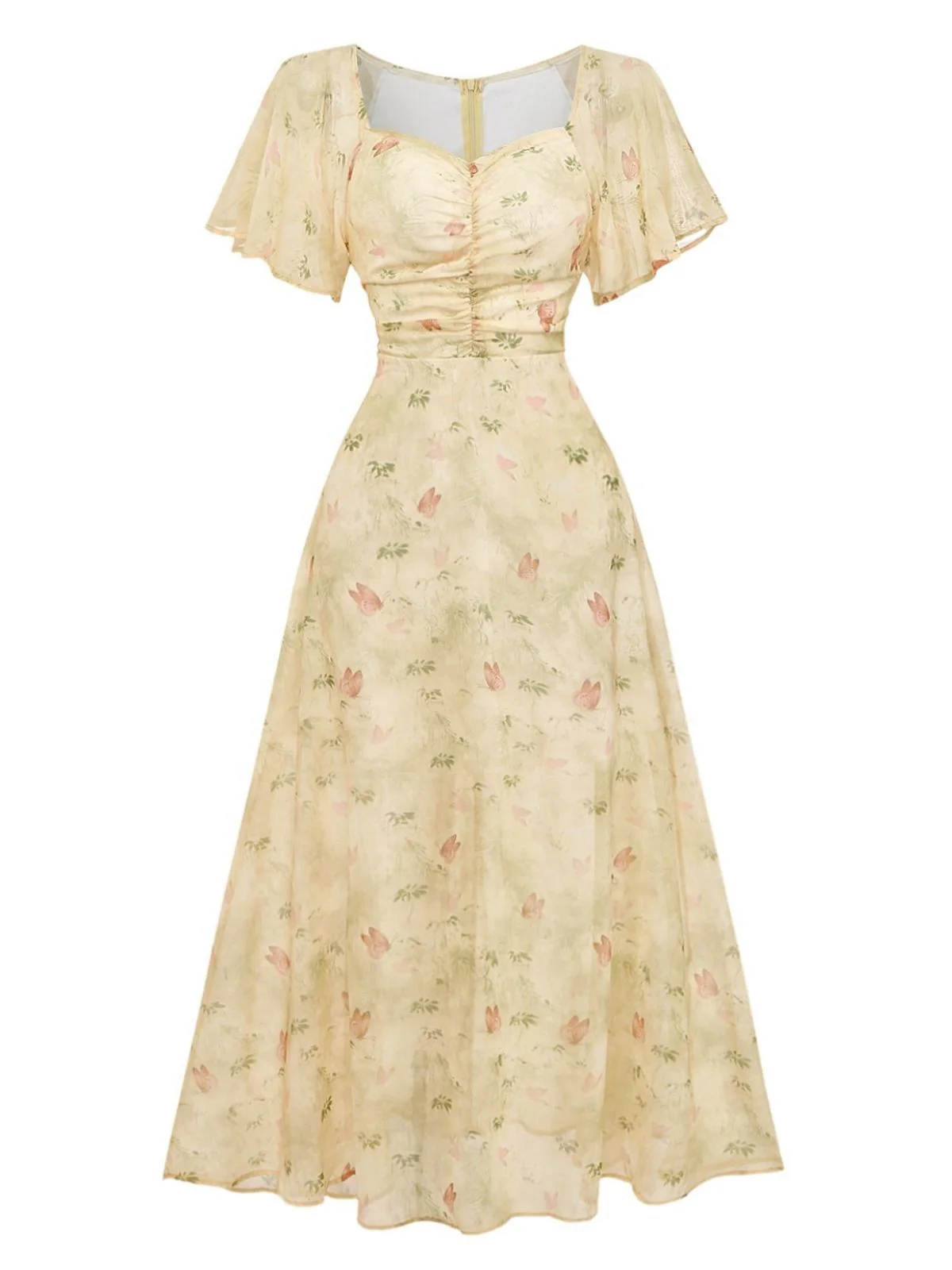 Yellow 1930s Butterfly Flutter Sleeve Chiffon Dress - Image 2