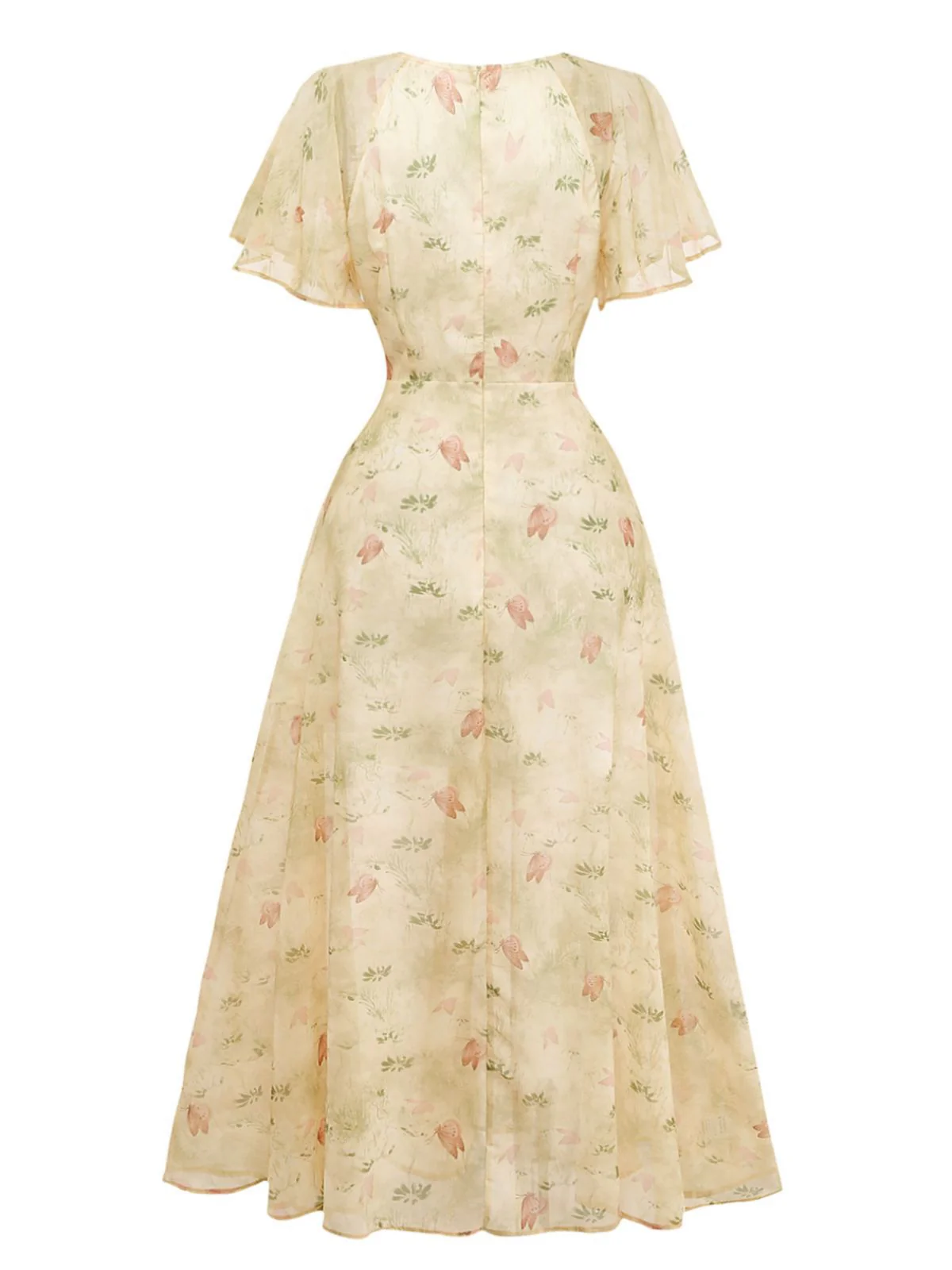 Yellow 1930s Butterfly Flutter Sleeve Chiffon Dress - Image 3