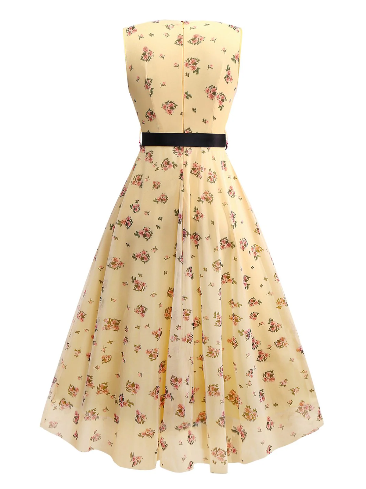 Yellow 1930s Ditsy Floral Mesh Sleeveless Ribbon Dress - Image 2