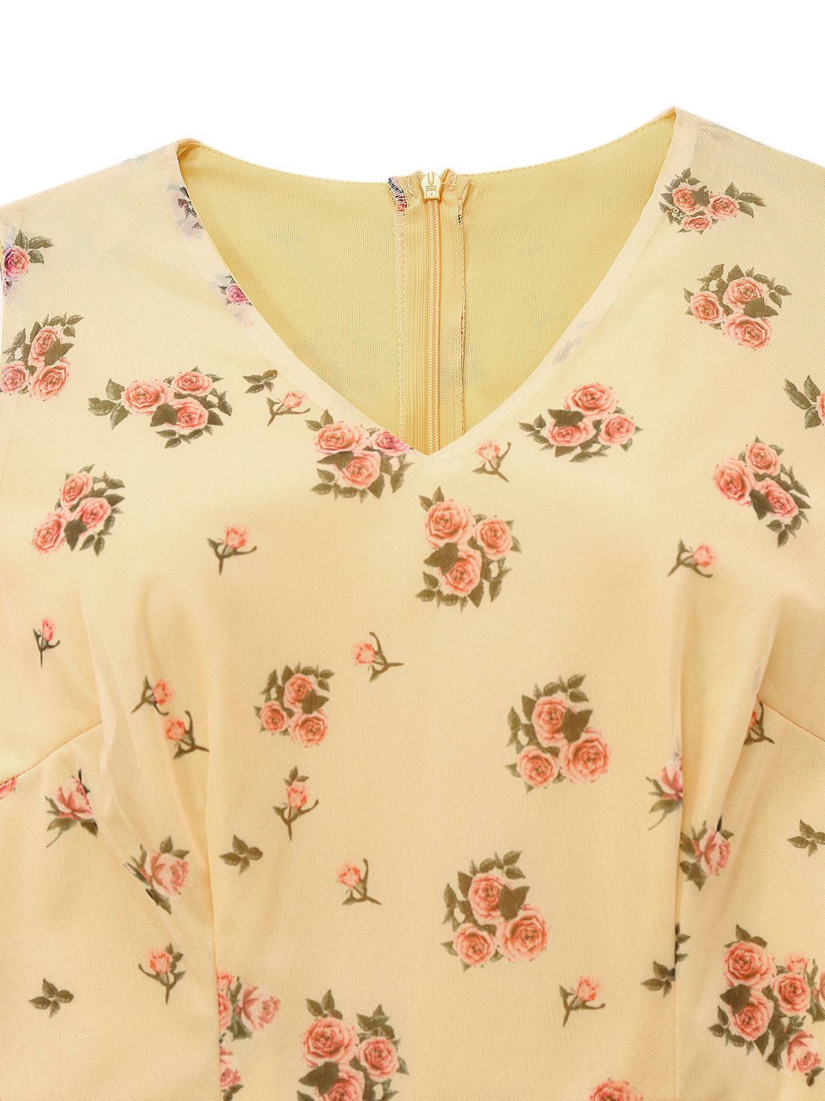 Yellow 1930s Ditsy Floral Mesh Sleeveless Ribbon Dress - Image 3