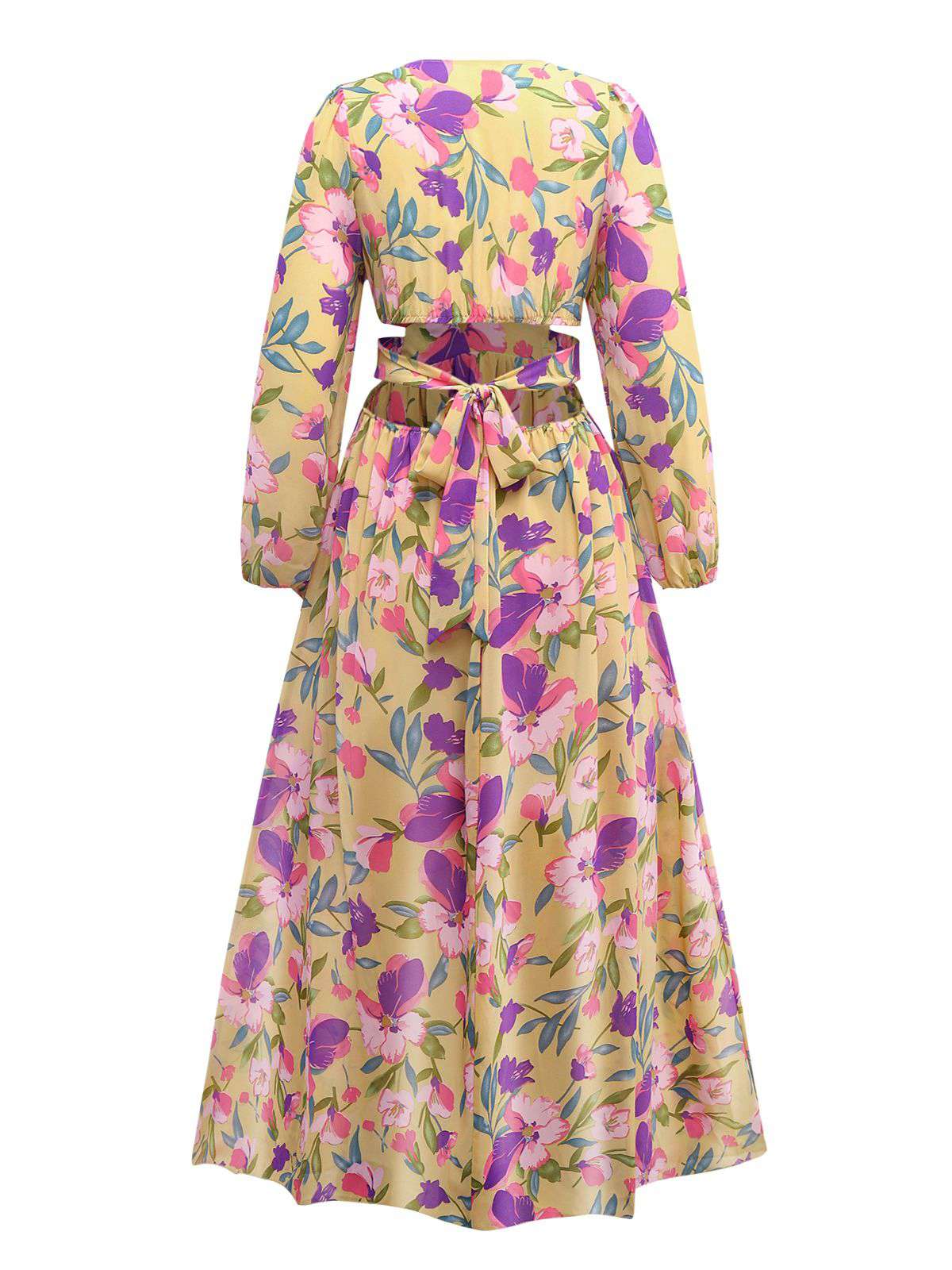 Yellow 1930s Floral Ruffled Deep V-Neck Cutout Dress - Image 2