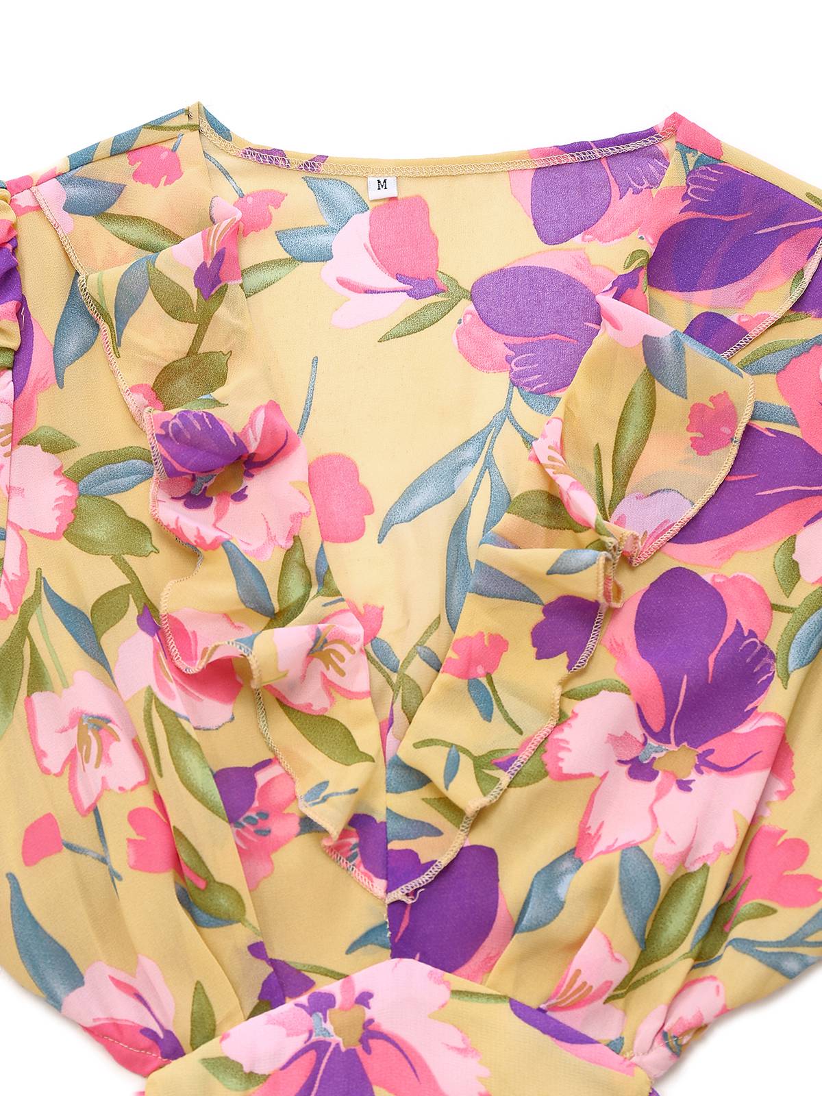 Yellow 1930s Floral Ruffled Deep V-Neck Cutout Dress - Image 3