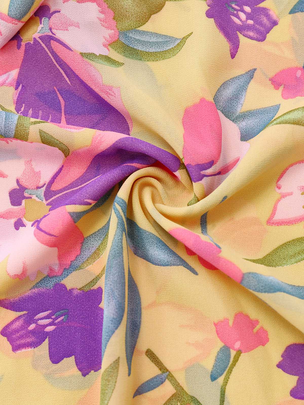 Yellow 1930s Floral Ruffled Deep V-Neck Cutout Dress - Image 5