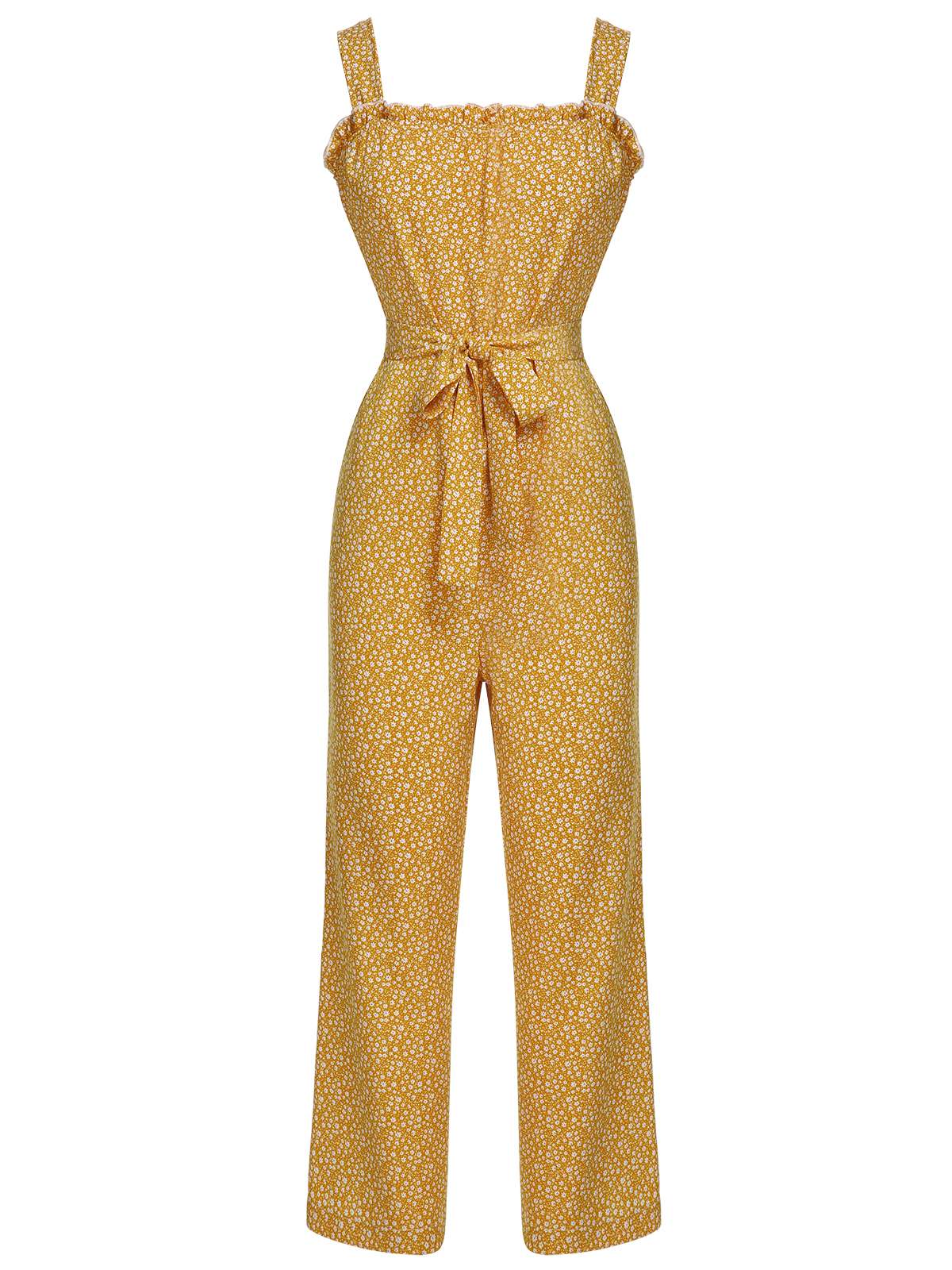 Yellow 1930s Floral Ruffles Tie Jumpsuit - Image 2