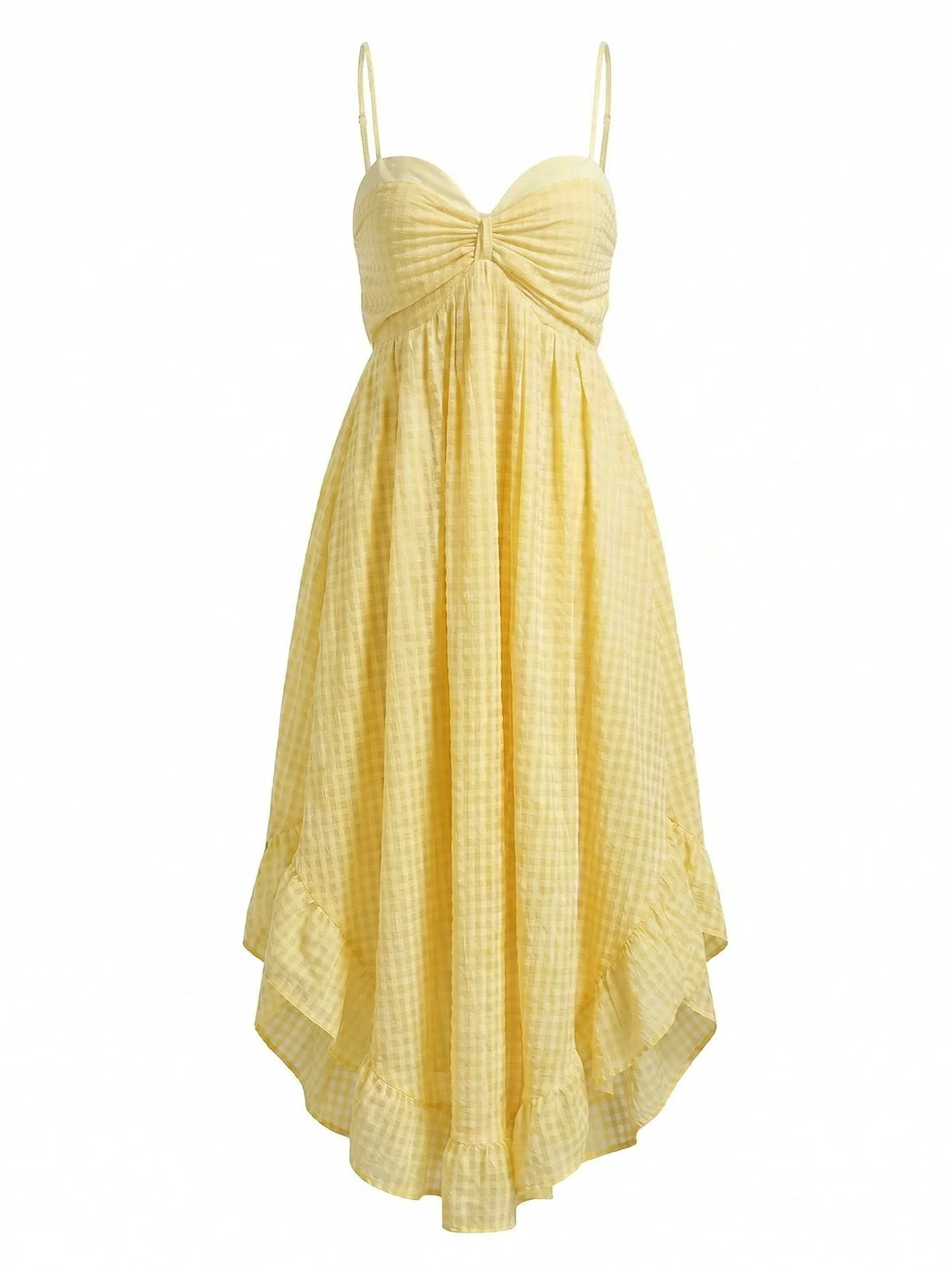 Yellow 1930s Gingham Spaghetti Strap Backless Ruffled Midi Dress - Image 2