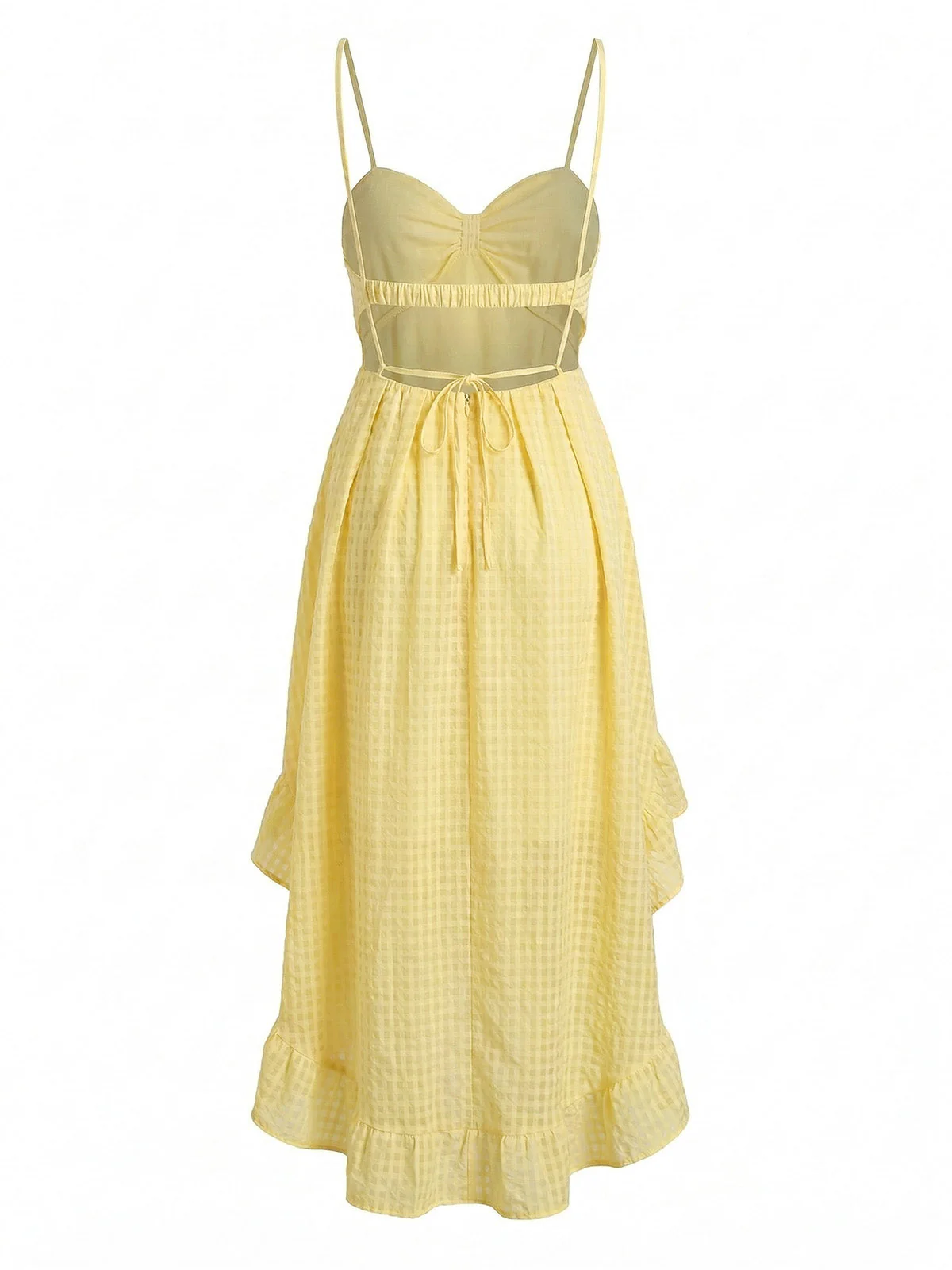 Yellow 1930s Gingham Spaghetti Strap Backless Ruffled Midi Dress - Image 3