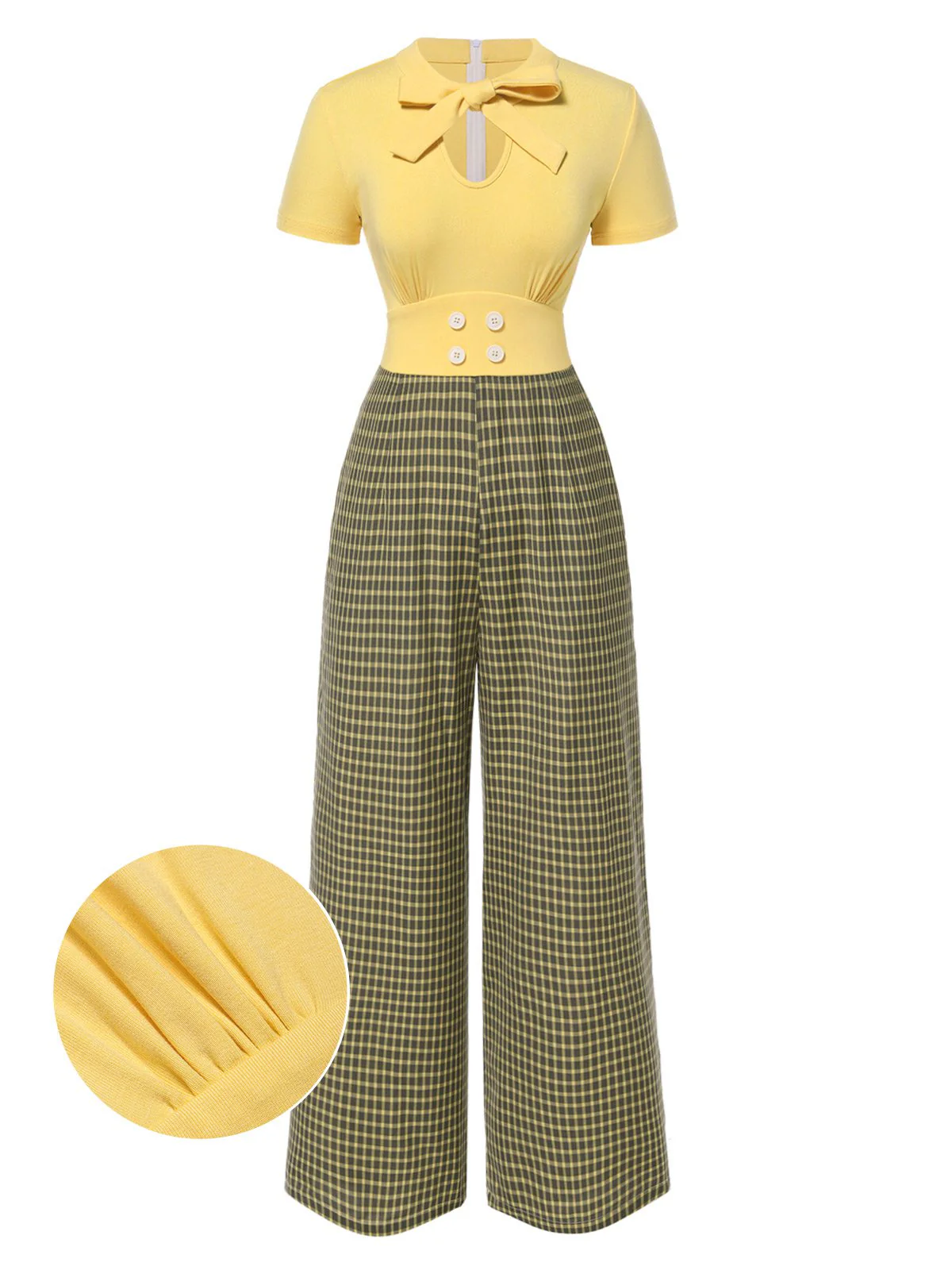 Yellow 1930s Plaid Keyhole Tie Neck Jumpsuit - Image 2