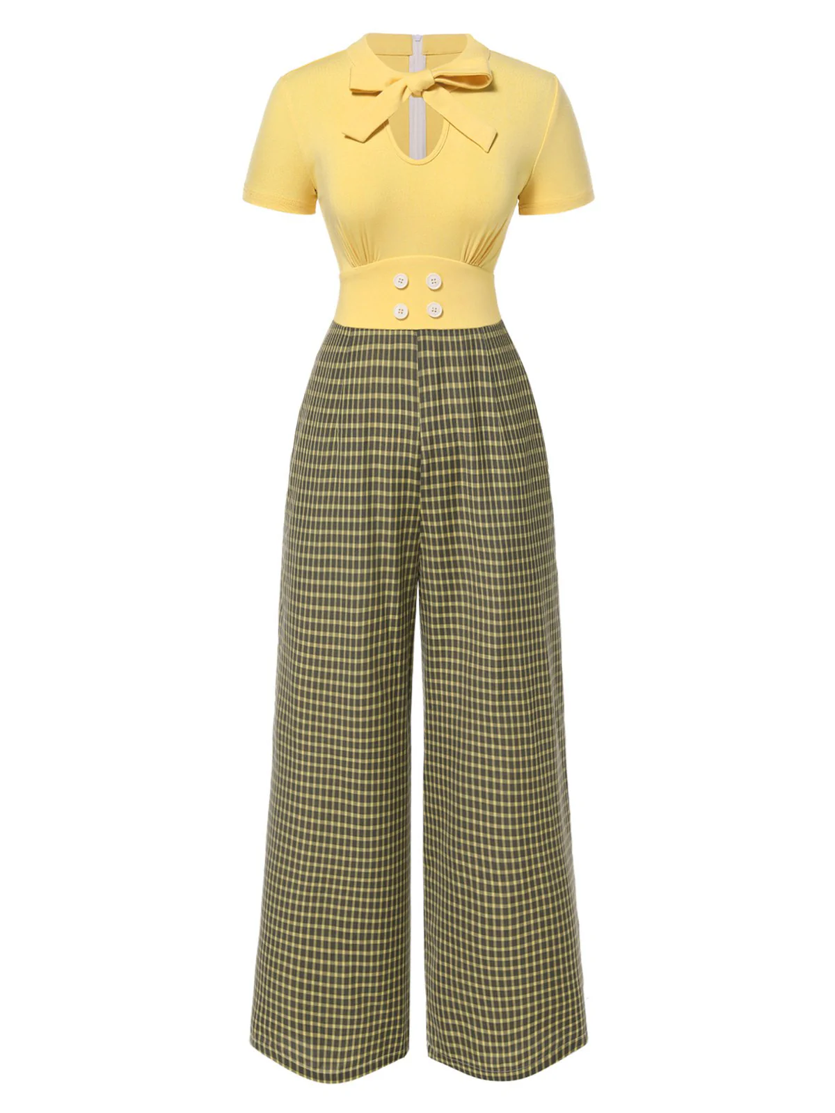 Yellow 1930s Plaid Keyhole Tie Neck Jumpsuit - Image 3
