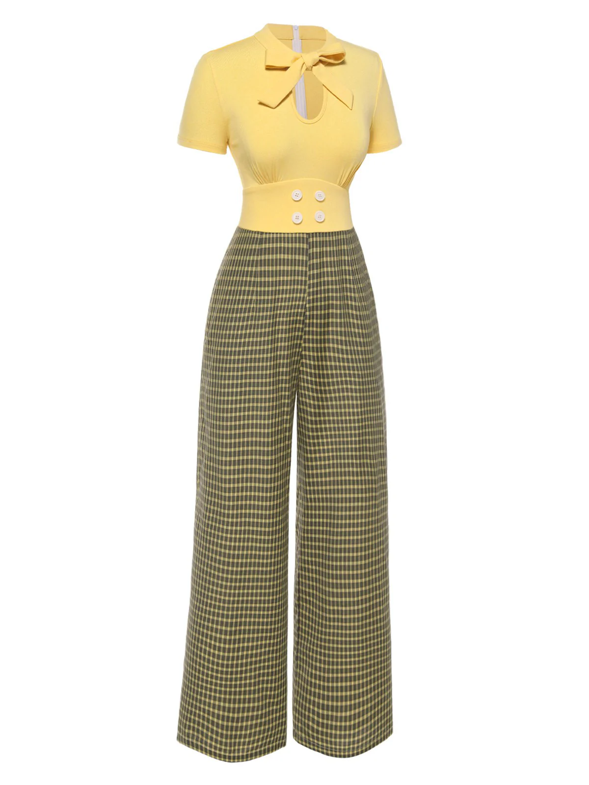 Yellow 1930s Plaid Keyhole Tie Neck Jumpsuit - Image 4