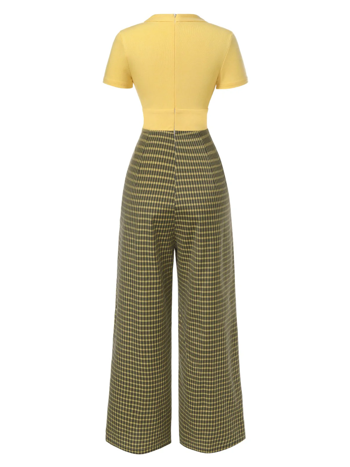 Yellow 1930s Plaid Keyhole Tie Neck Jumpsuit - Image 5
