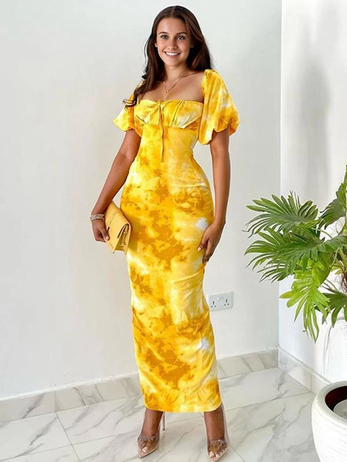 Yellow 1930s Puff Sleeves Square Neck Dress - Image 2