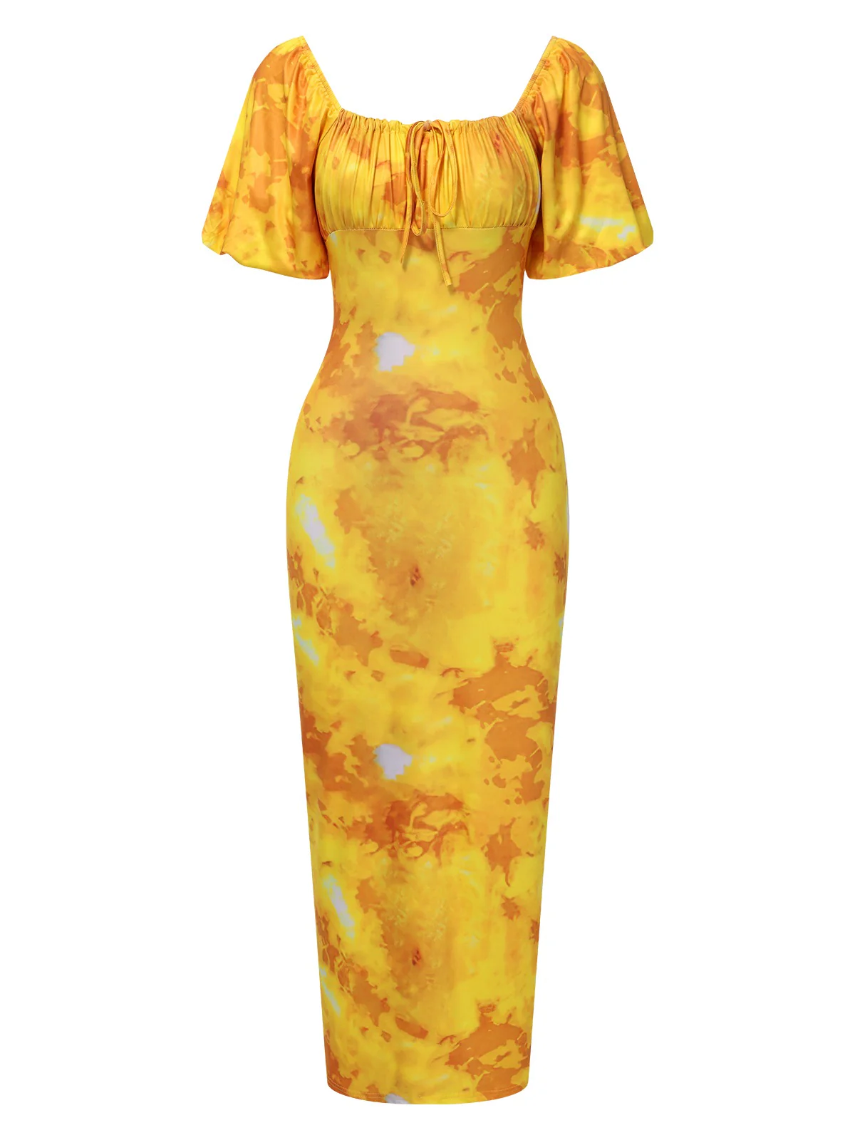 Yellow 1930s Puff Sleeves Square Neck Dress - Image 4