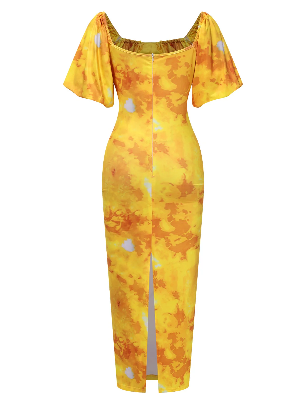 Yellow 1930s Puff Sleeves Square Neck Dress - Image 5