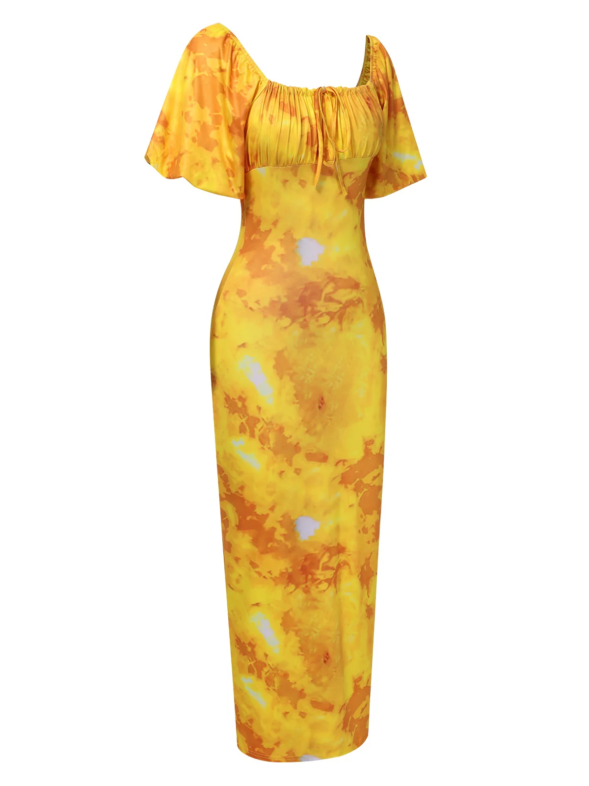 Yellow 1930s Puff Sleeves Square Neck Dress - Image 6