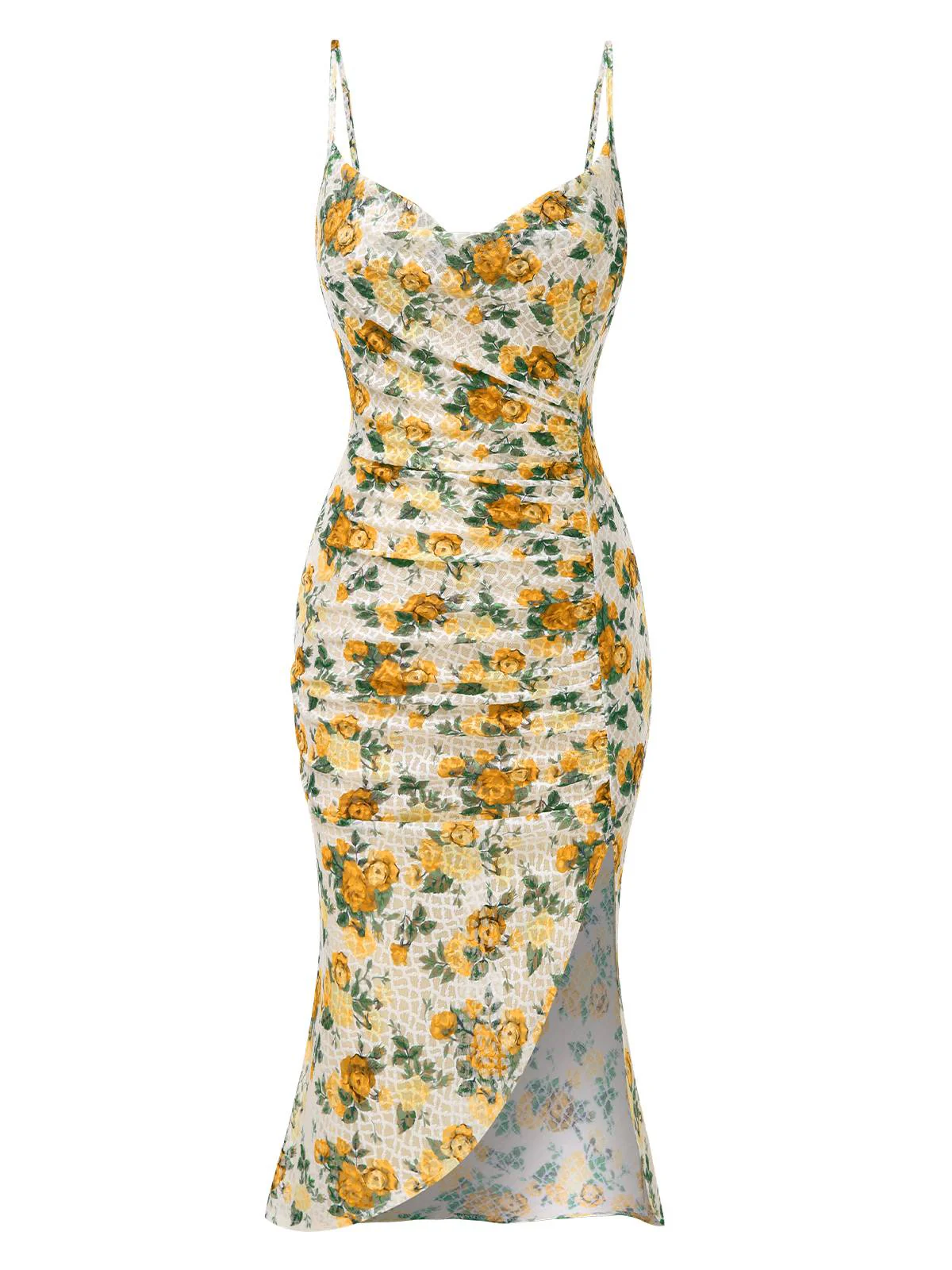 Yellow 1930s Roses Cowl Neck Fishtail Ruched Dress - Image 2