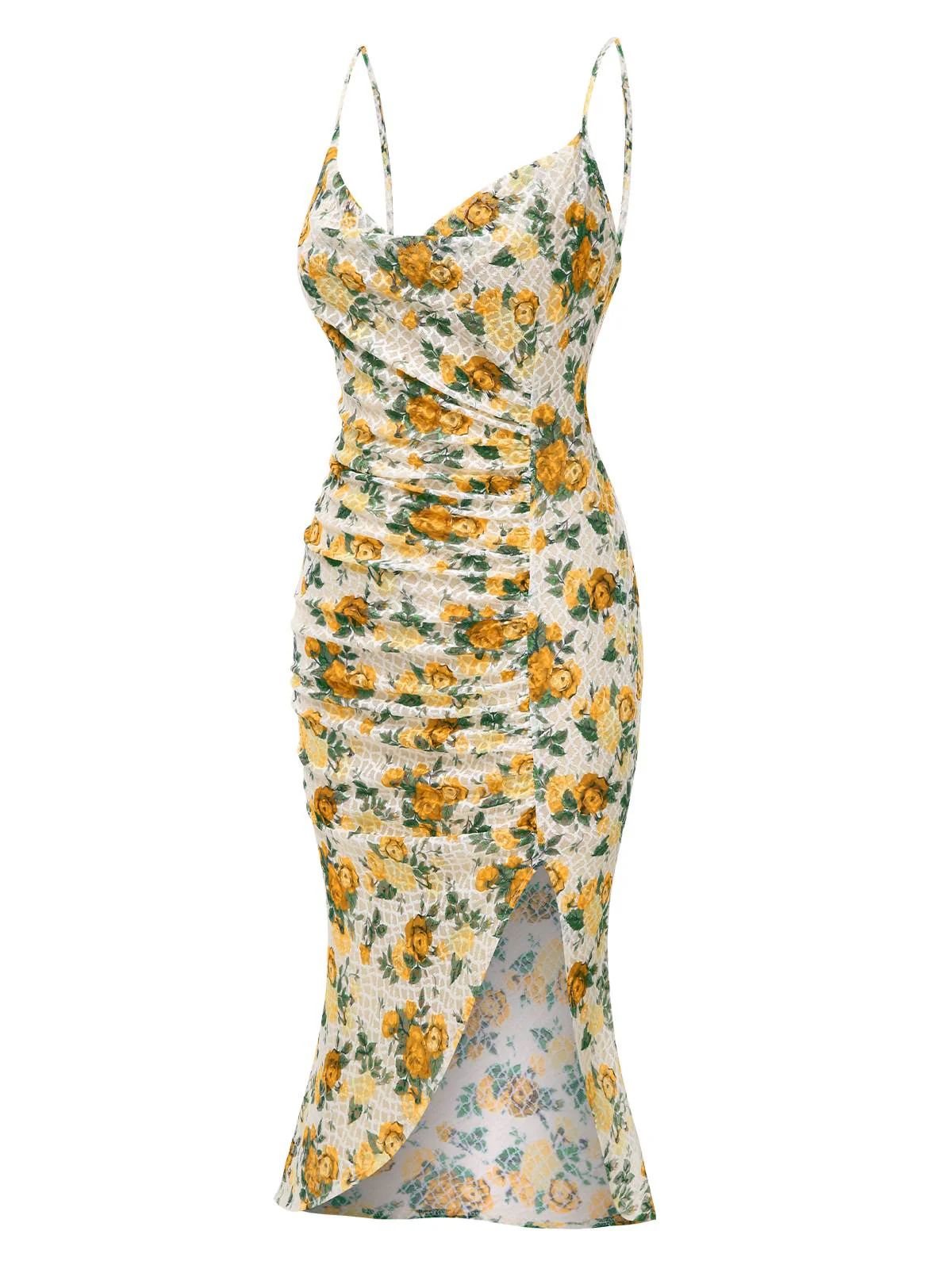 Yellow 1930s Roses Cowl Neck Fishtail Ruched Dress - Image 3