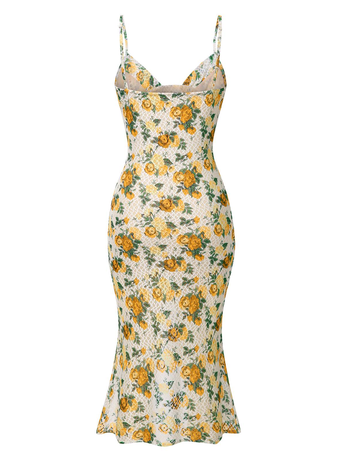 Yellow 1930s Roses Cowl Neck Fishtail Ruched Dress - Image 4