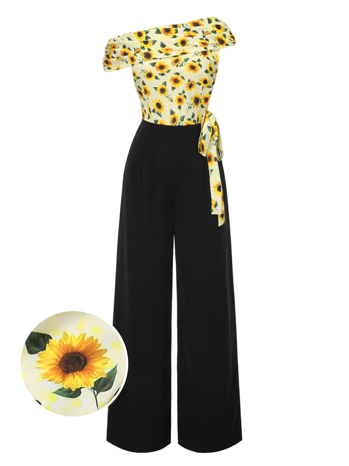 Yellow 1930s Sunflower Oblique Neck Jumpsuit - Image 2