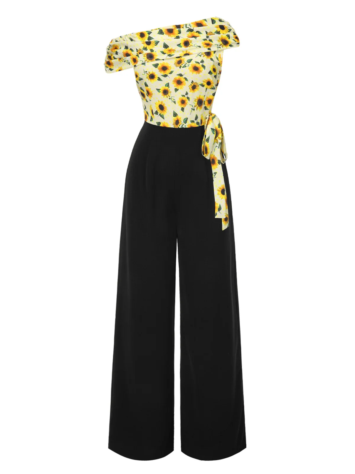 Yellow 1930s Sunflower Oblique Neck Jumpsuit - Image 3