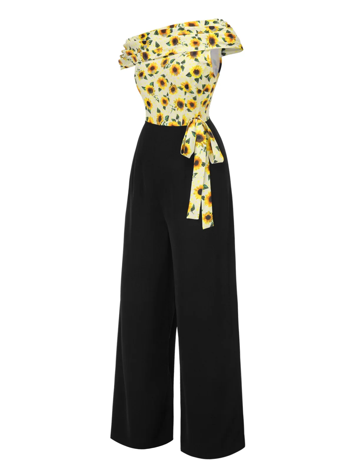 Yellow 1930s Sunflower Oblique Neck Jumpsuit - Image 4