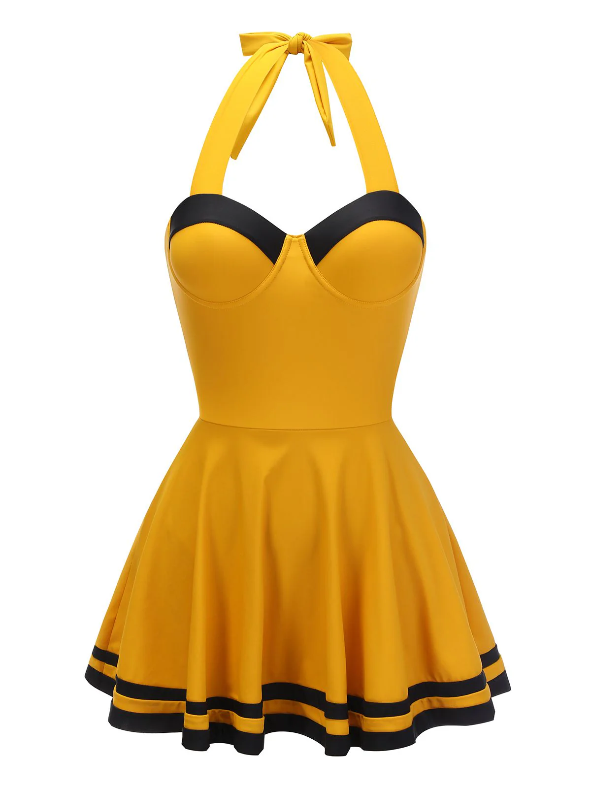 Yellow 1940s Contrast Halter Patchwork Swimsuit - Image 2