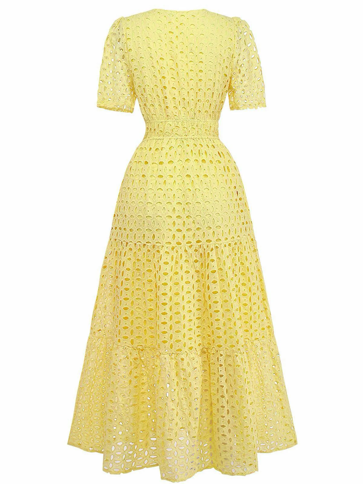 Yellow 1940s Eyelet Lace V-neck Tiered Maxi Dress - Image 2