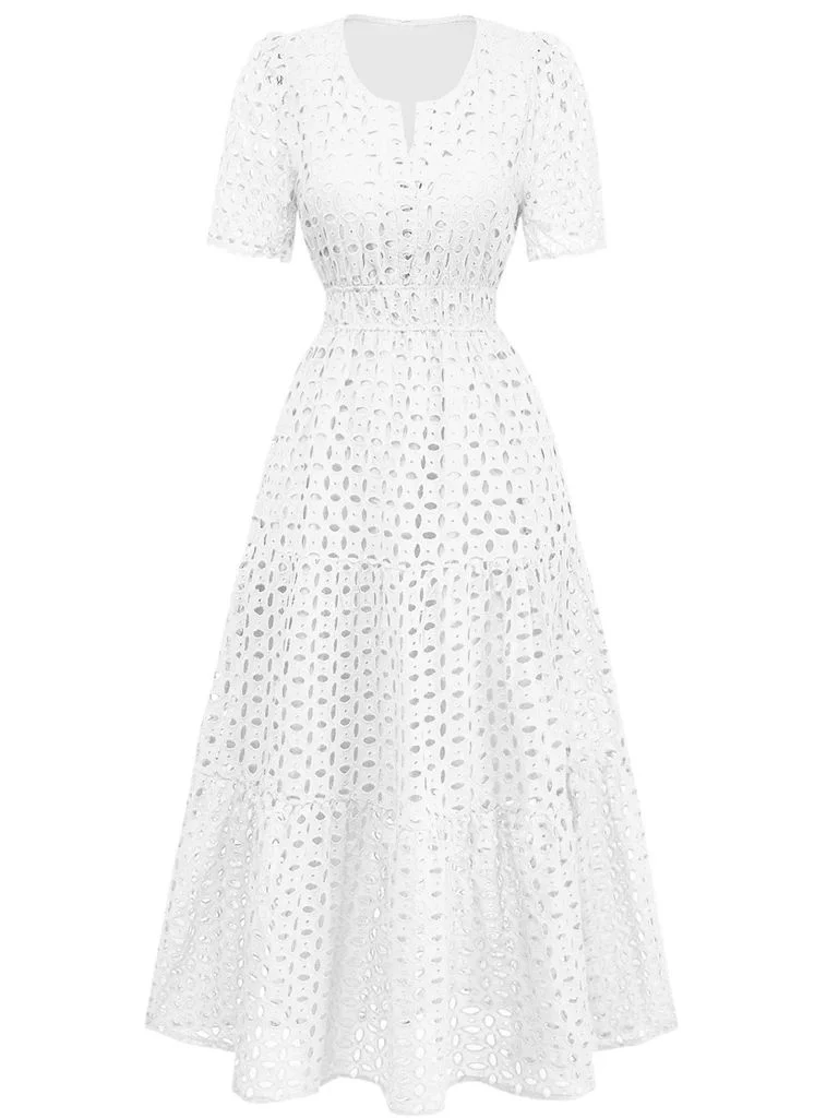Yellow 1940s Eyelet Lace V-neck Tiered Maxi Dress - Image 3