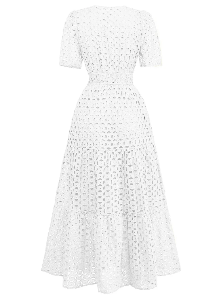 Yellow 1940s Eyelet Lace V-neck Tiered Maxi Dress - Image 4
