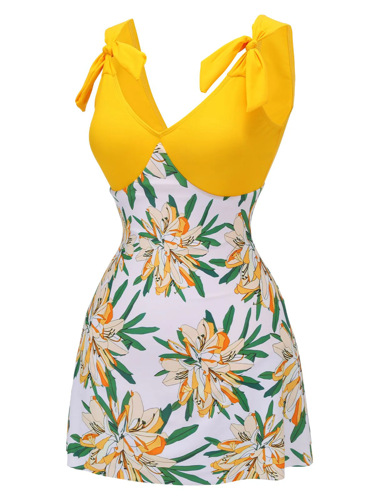 Yellow 1940s Floral Patchwork One-Piece Swimsuit - Image 3