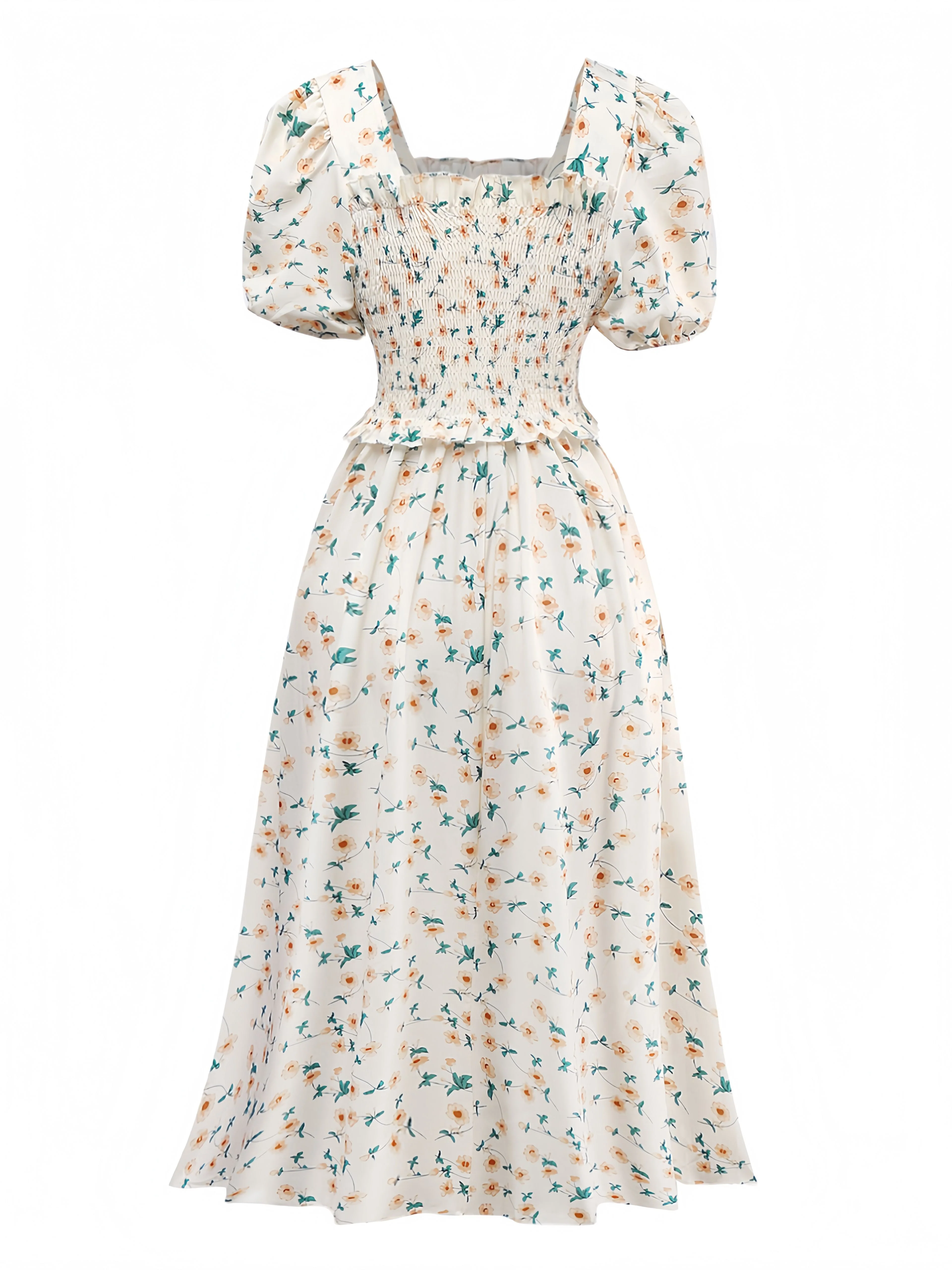 Yellow 1940s Floral Square Neck Dress - Image 2