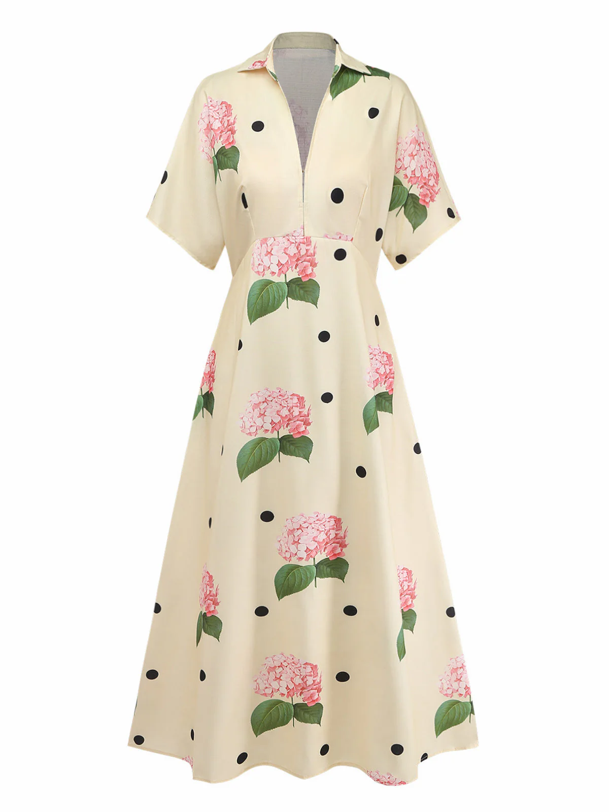 Yellow 1940s Floral V-Neck Long Dress - Image 2