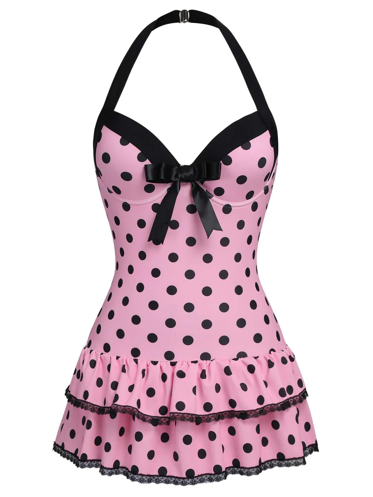 Brown 1940s Halter Polka Dots Bow Swimsuit - Image 6