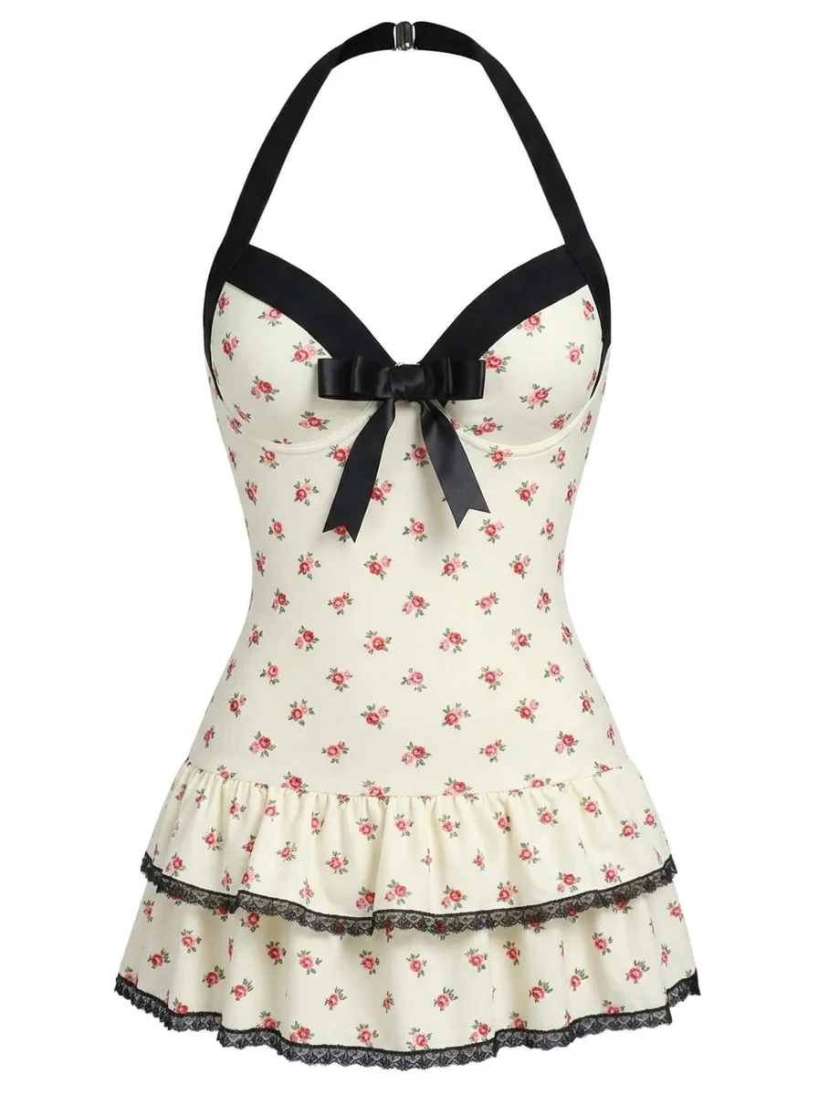 Brown 1940s Halter Polka Dots Bow Swimsuit - Image 21