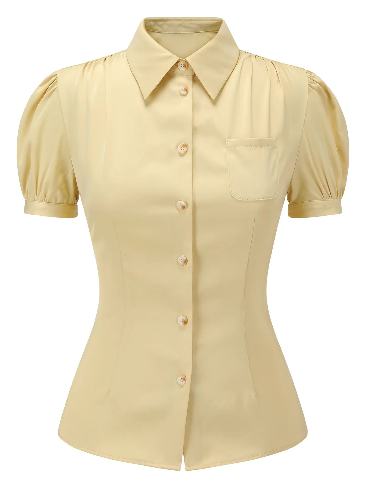 Yellow 1940s Lapel Puff Sleeve Solid Blouse - Image 2