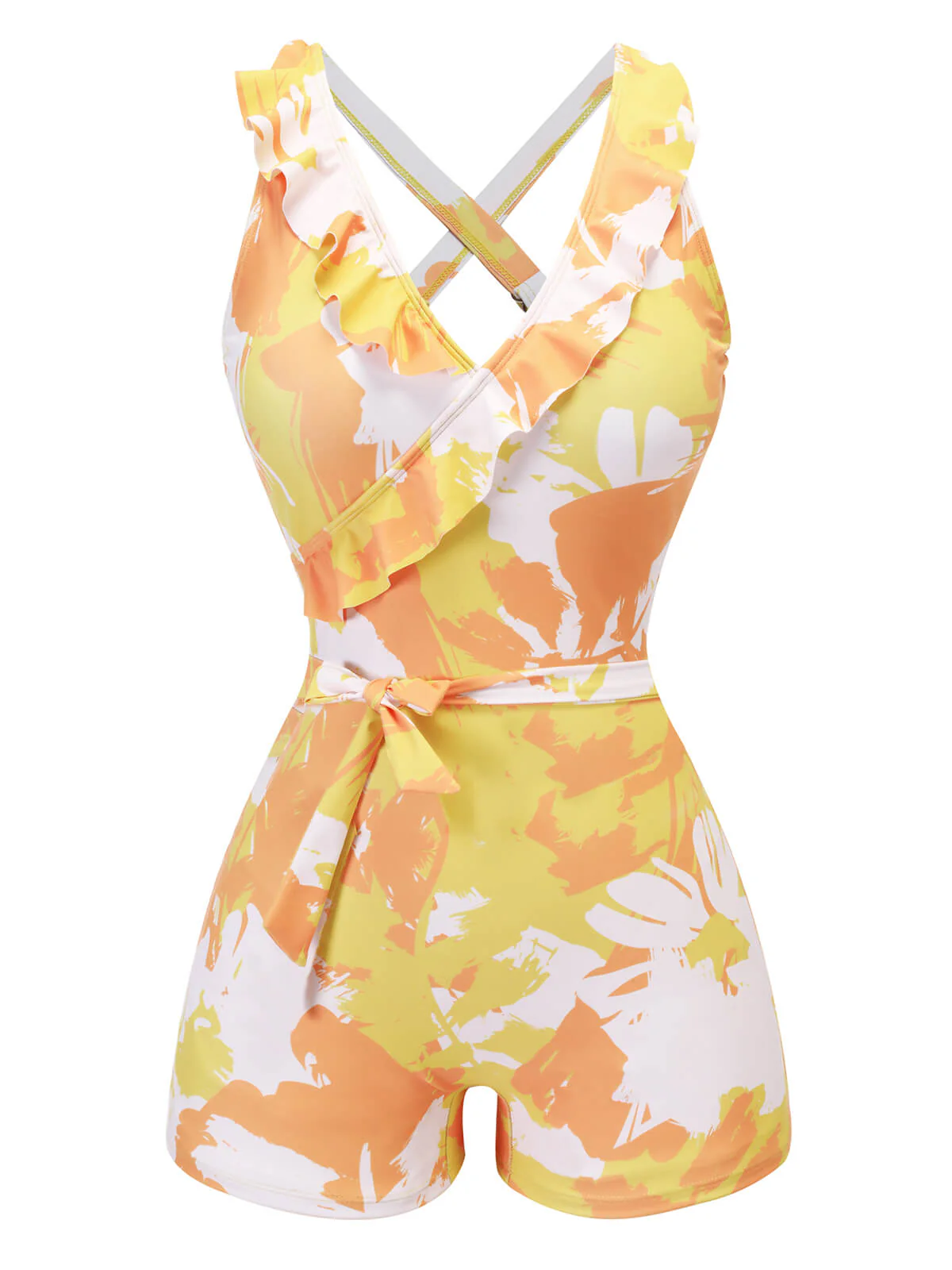 Yellow 1940s Painting Plants Lace-Up Swimsuit - Image 2