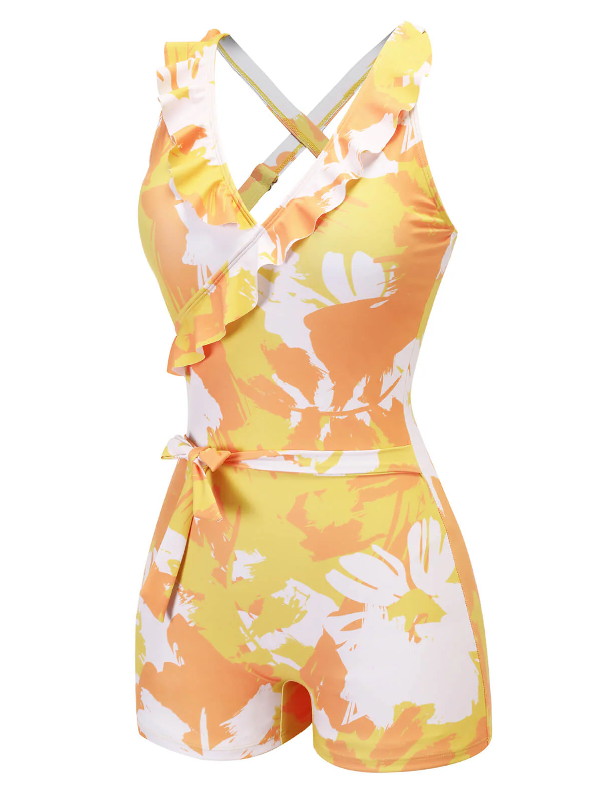 Yellow 1940s Painting Plants Lace-Up Swimsuit - Image 3