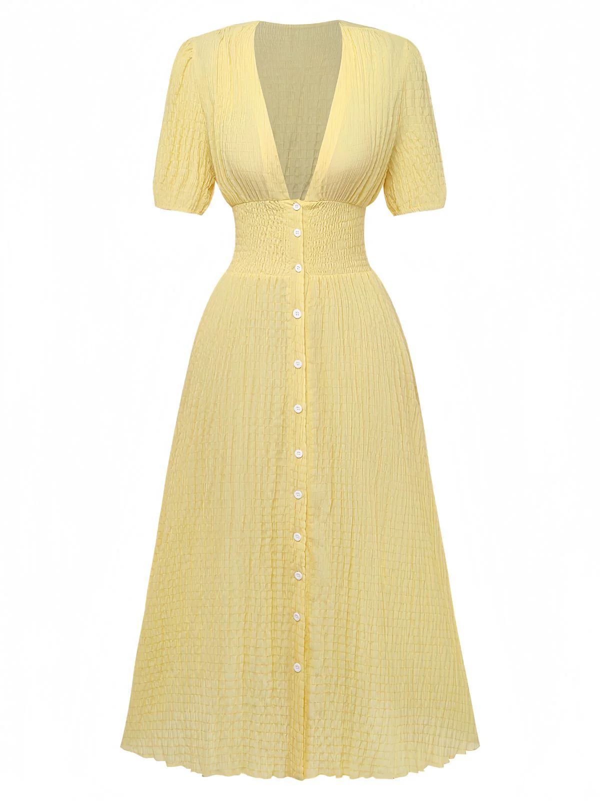 Yellow 1940s Puff Sleeve Button-Down Midi Dress - Image 2
