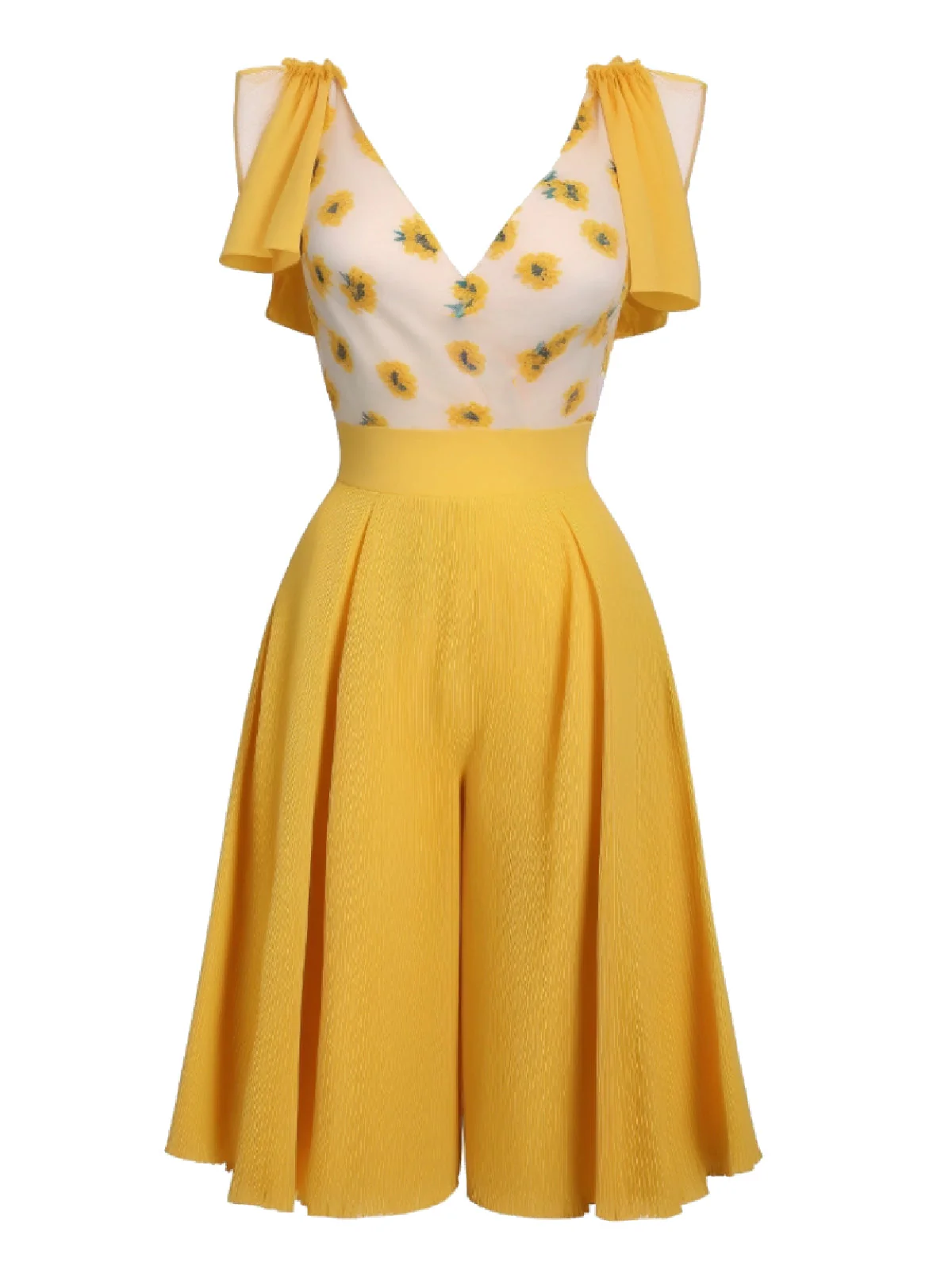 Yellow 1940s V-Neck Sunflower Patchwork Jumpsuit - Image 2
