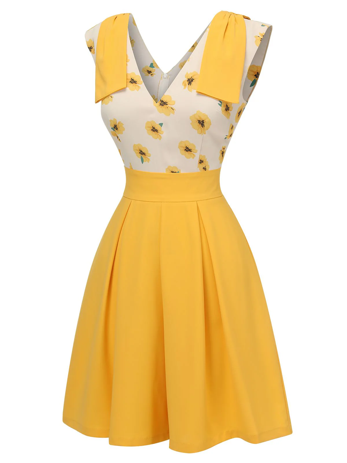 Yellow 1940s V-Neck Sunflower Patchwork Jumpsuit - Image 3
