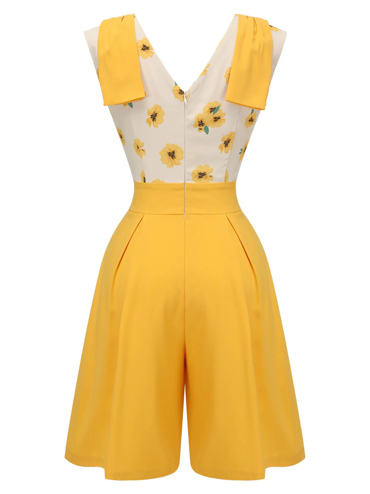Yellow 1940s V-Neck Sunflower Patchwork Jumpsuit - Image 4