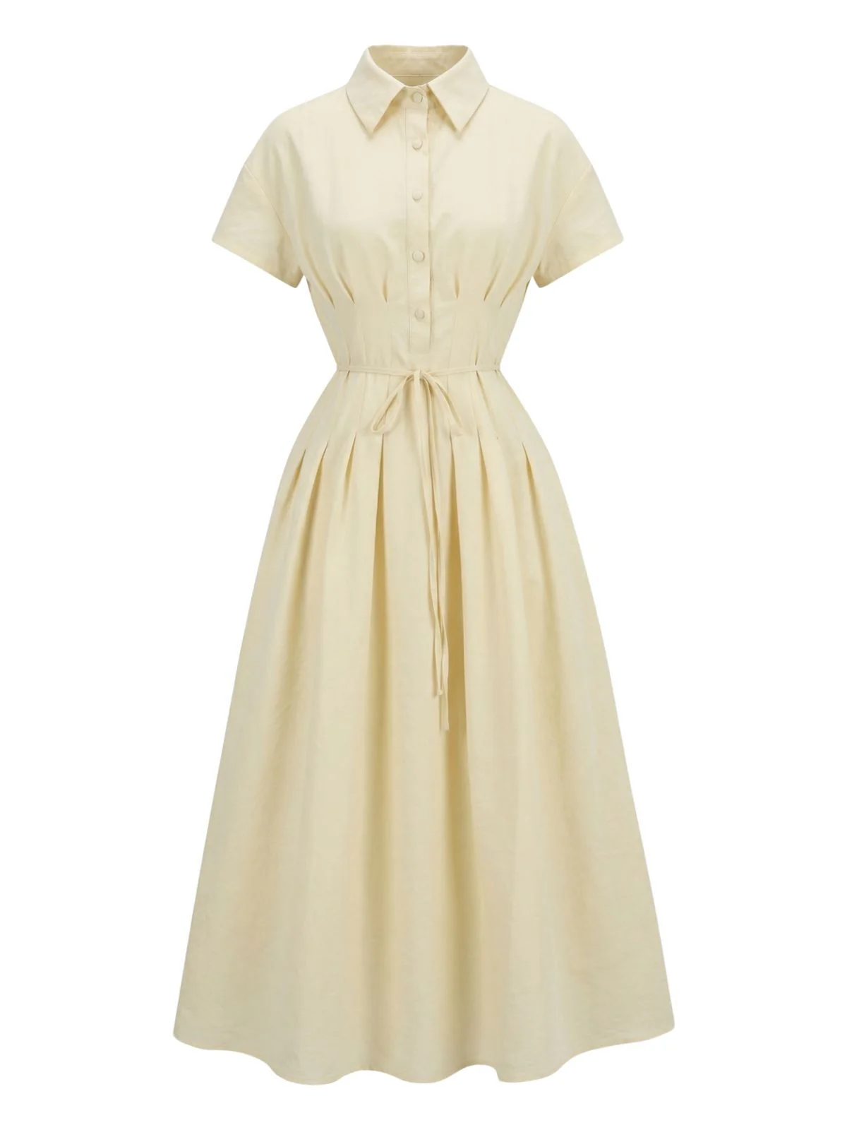Yellow 1940s Waist-Tie Button Shirt Collar Dress - Image 2