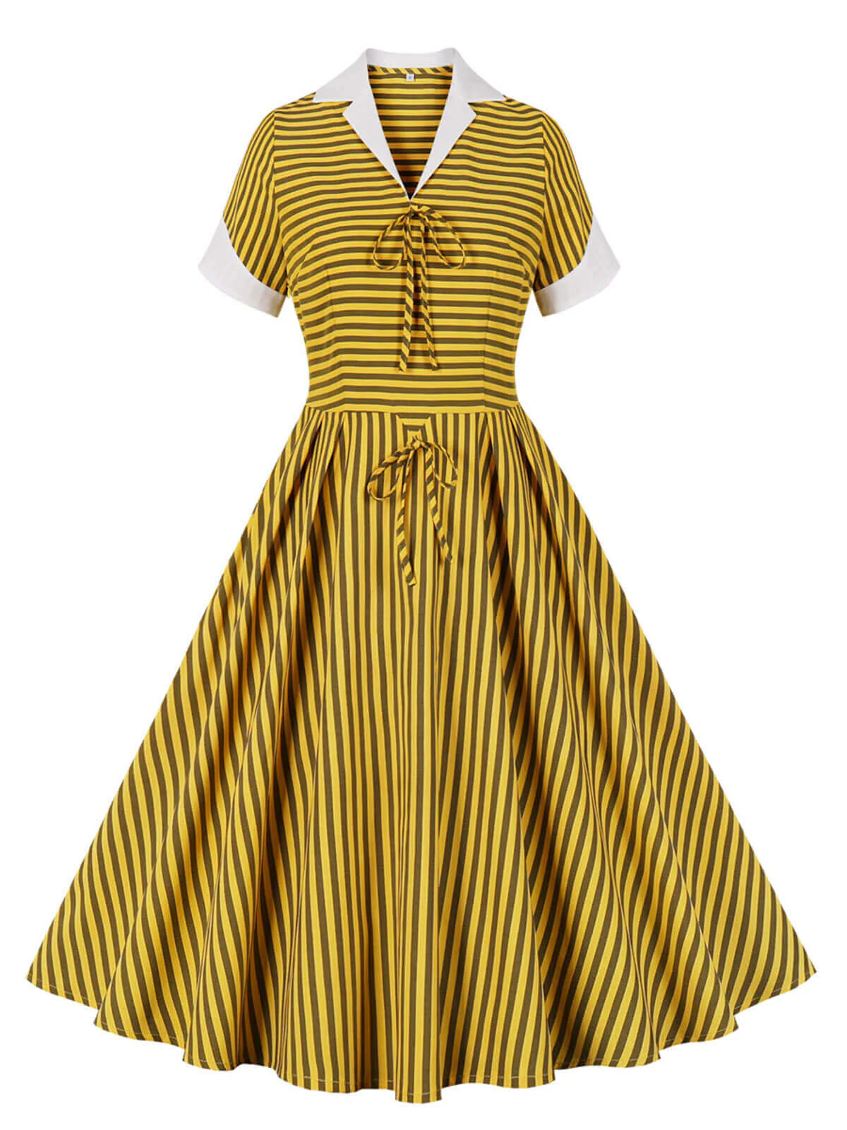 Yellow 1950s Bow Striped Swing Dress - Image 2