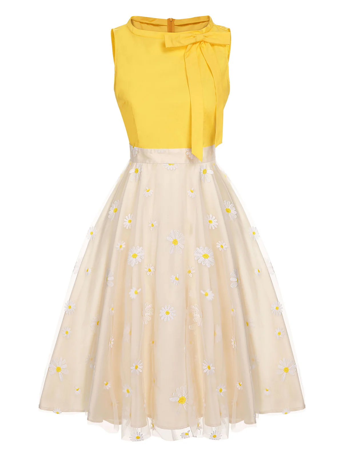 Yellow 1950s Daisy Bowtie Patchwork Dress - Image 2