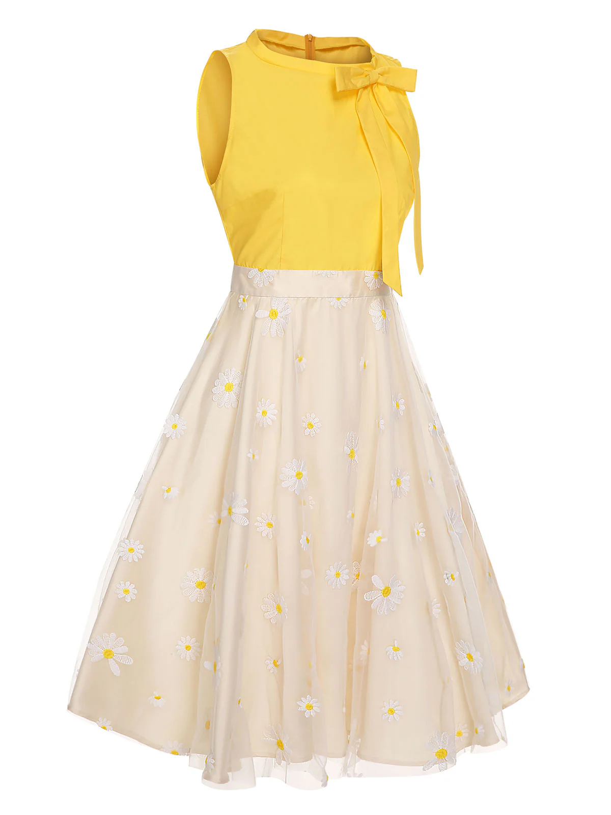 Yellow 1950s Daisy Bowtie Patchwork Dress - Image 3