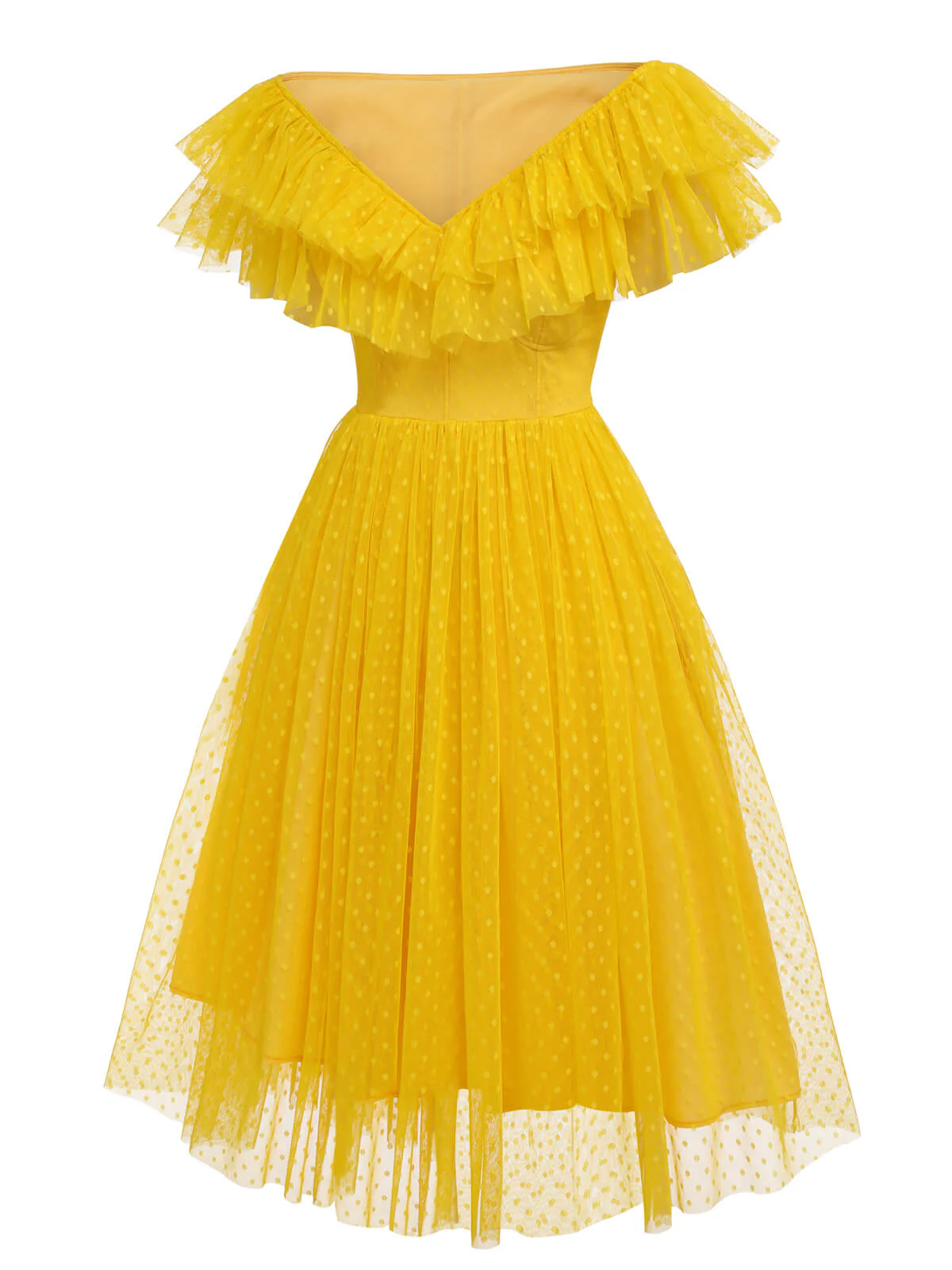 Yellow 1950s Dots Off-Shoulder Mesh Swing Dress - Image 3