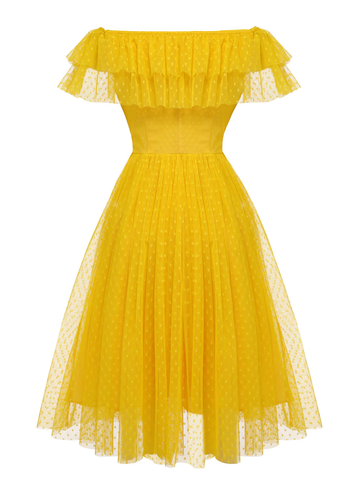 Yellow 1950s Dots Off-Shoulder Mesh Swing Dress - Image 4