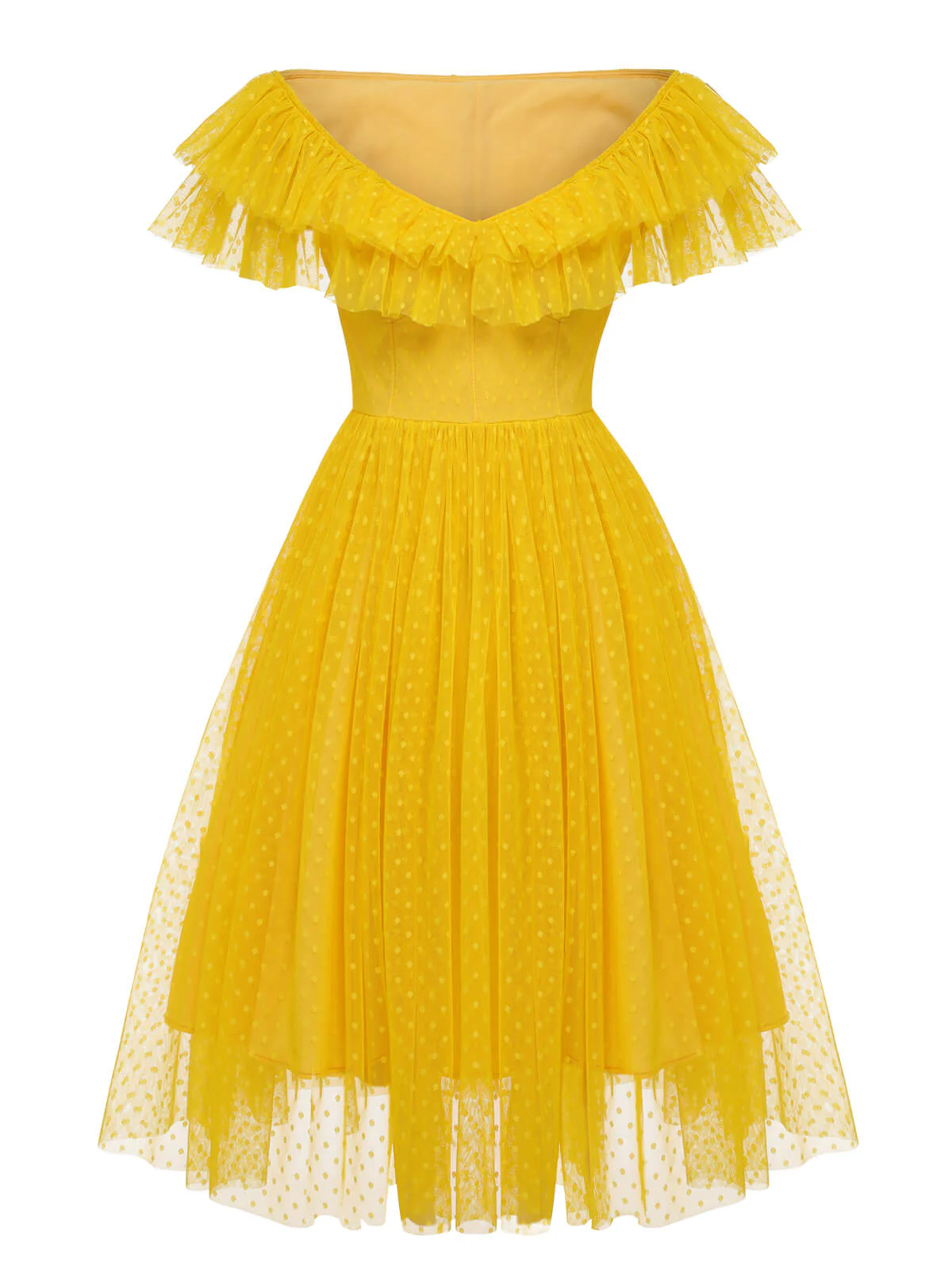 [US Warehouse] Yellow 1950s Dots Off-Shoulder Mesh Swing Dress - Image 2