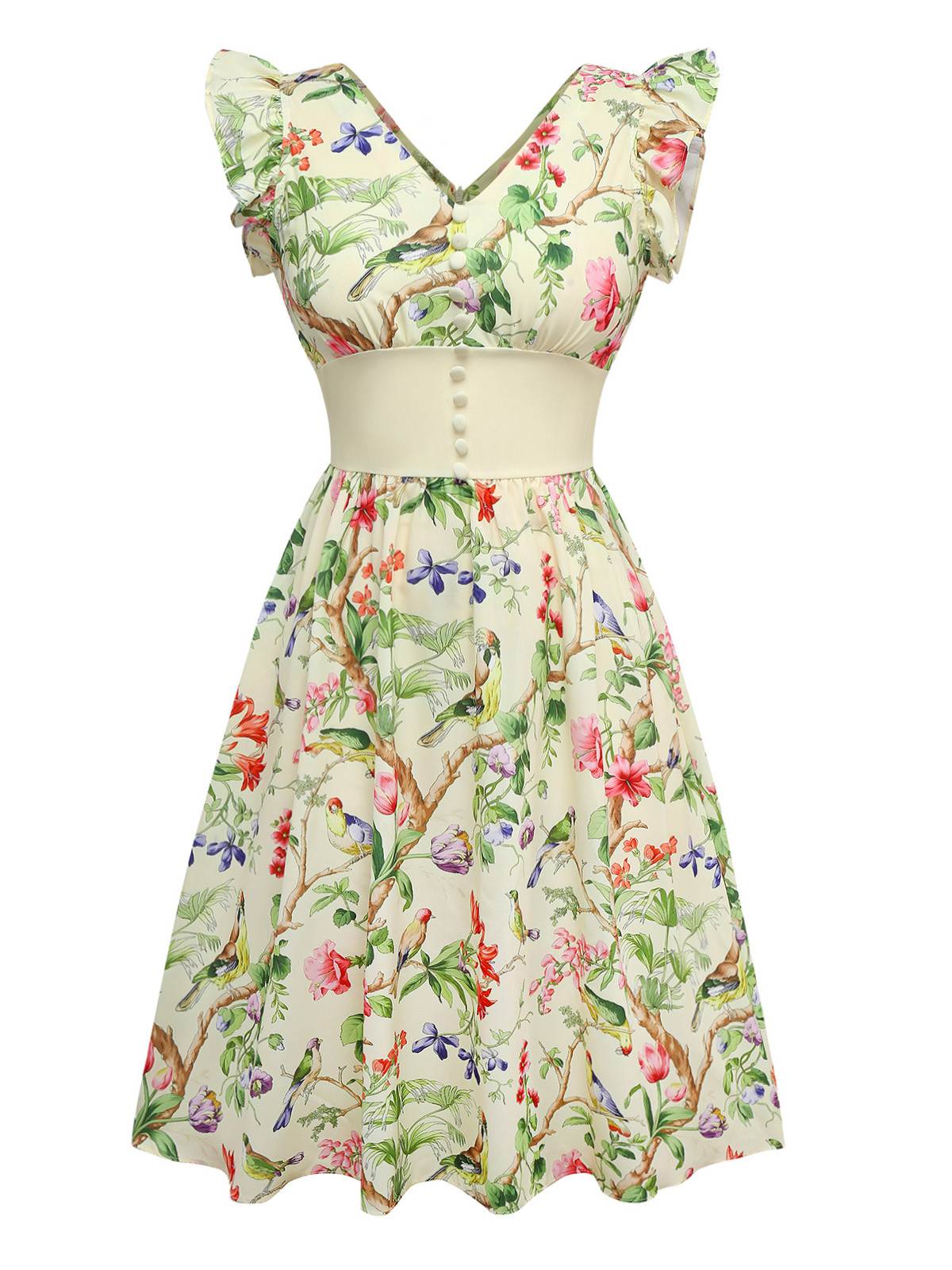 Yellow 1950s Floral Birds Ruffled Flutter Sleeve Dress - Image 2